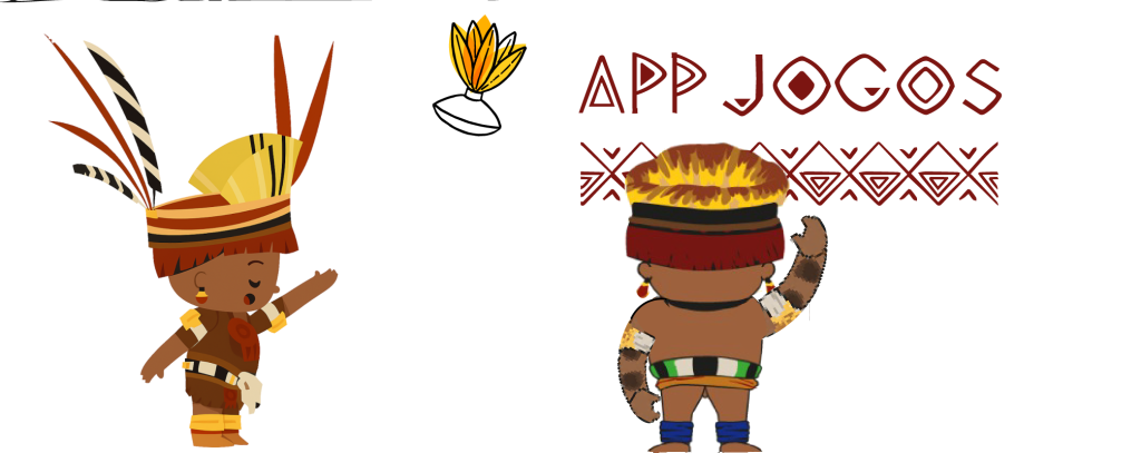 Duas crianças com cocares indígenas acenam sob o título 'App Jogos', decorado com grafismos vermelhos e borboletas amarelas.