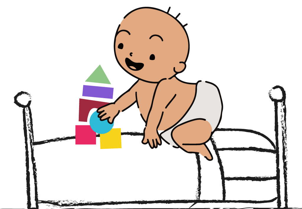 Ilustração de um bebê sentado em uma cama, brincando alegremente com blocos coloridos que formam uma pequena torre.